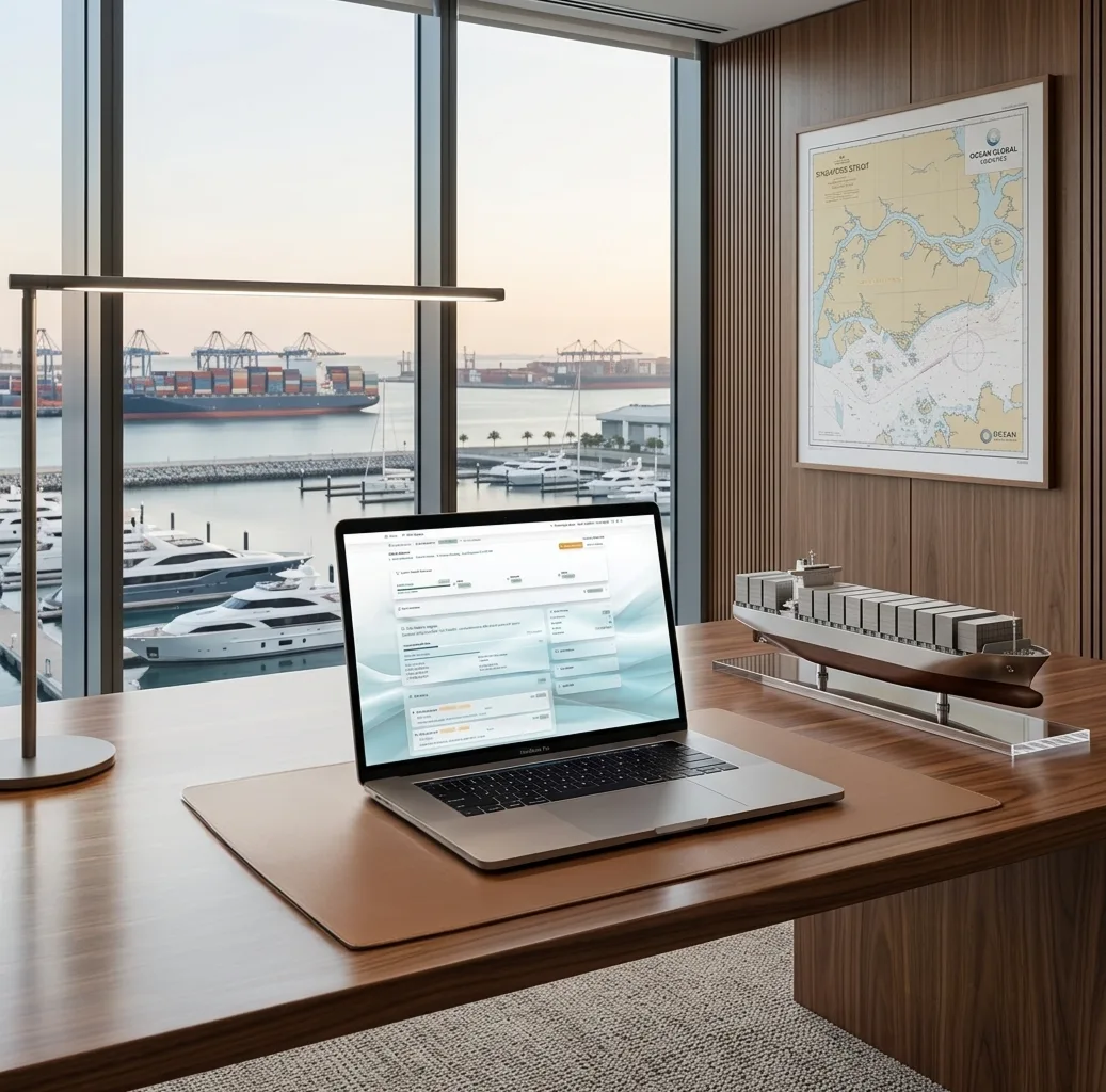 A fleet manager's desk overlooking a container terminal, with the DIDI Chart dashboard open on a laptop