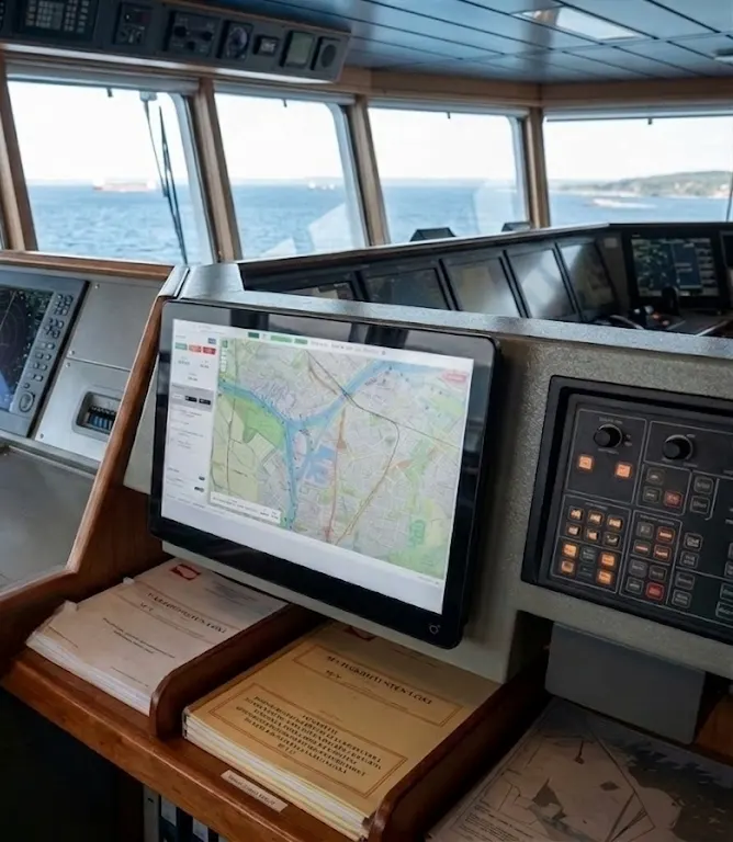 Bridge chart display showing a current port approach chart, paper nautical publications stacked on the console below