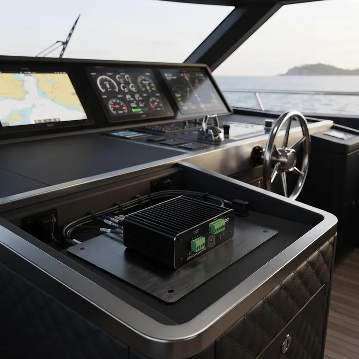 DIDI Onboard Unit flush-mounted in a superyacht helm console beside chart and engine displays