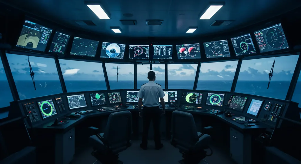 Control room operator monitoring fleet ECDIS chart updates and nautical chart